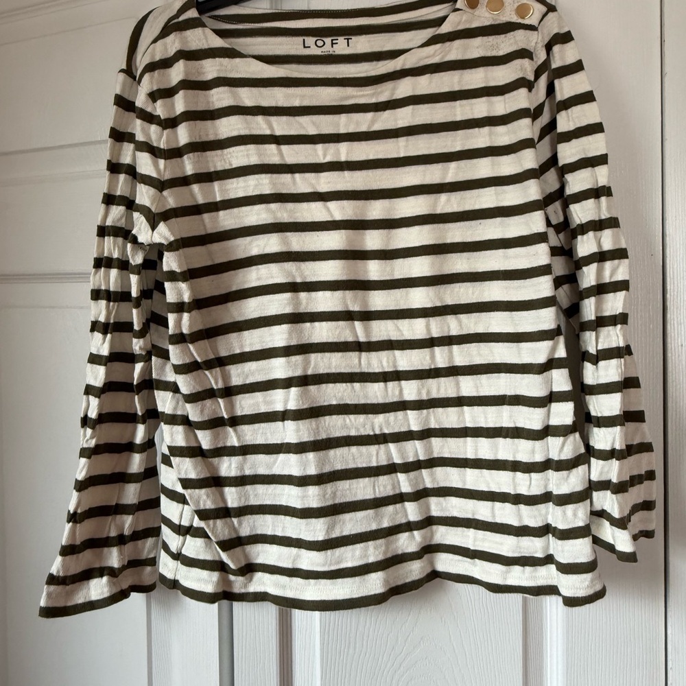 LOFT Women's Olive and Cream Striped Long Sleeve Top